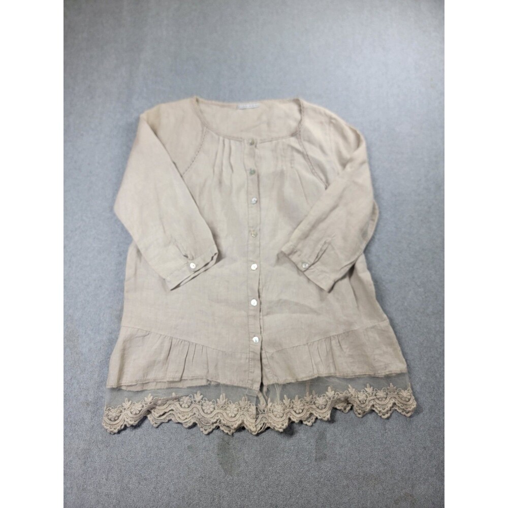 Tempo Paris Linen Tan Button Shirt M Roll Tab Sleeve Summer‎ Vacation Lagenlook